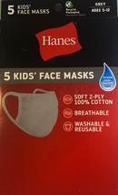 Hanes Youth Cloth Face Mask 5 Pack Gray Kids 5-12-100% Cotton Washable Reusable - £9.95 GBP