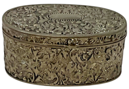 Vtg Silver Plated Trinket Jewelry Box 3.25" Oval Filigree Acanthus Leaf Design image 2