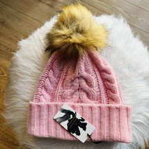Halogen Cashmere Cable Knit Beanie with Faux Fur Pom, Pink/Brown, NWT - $66.78 CAD