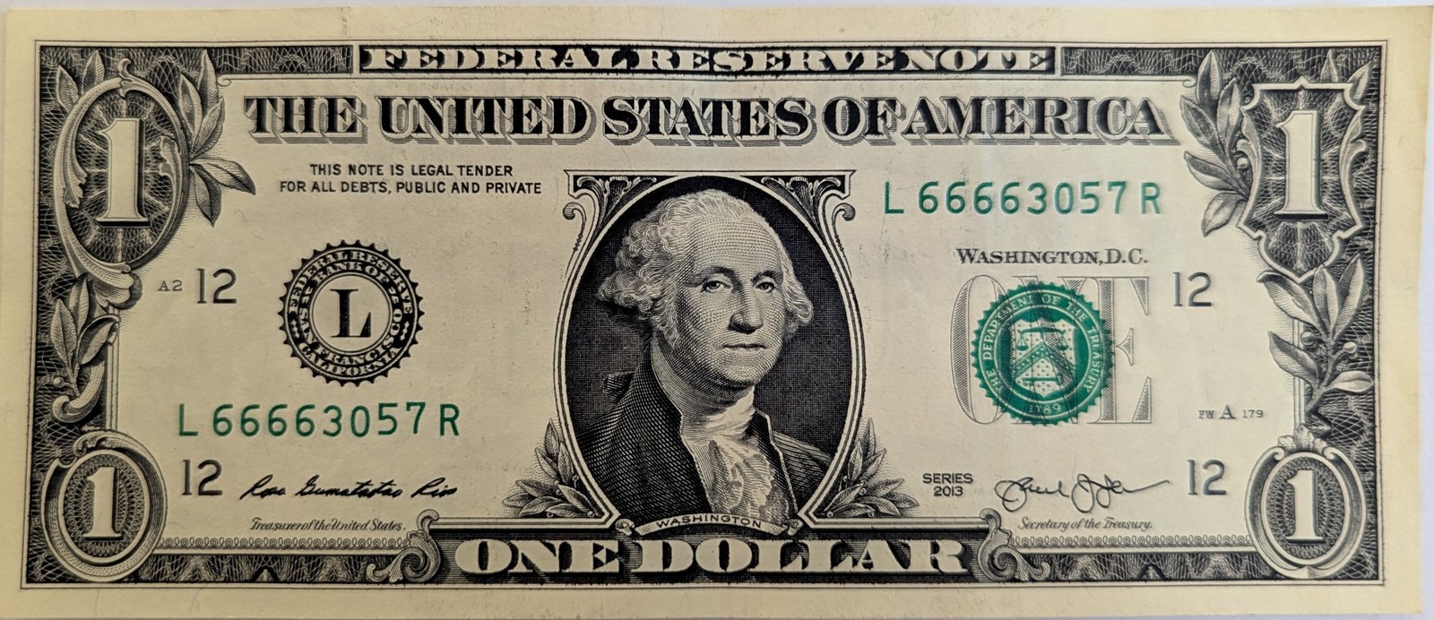 US$1 Fancy Serial Number 2013 4-of-a-kind together: 66663057 - $4.95