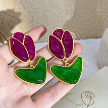 Tulip Earrings S925 Silver Needle Middle Court Vintage Purple Green Jelly Glass - £11.96 GBP