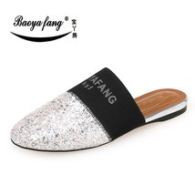 BaoYaFang 2020 New arrival Flat shoes Woman silver/black Summer slipper shoes fa - £38.32 GBP