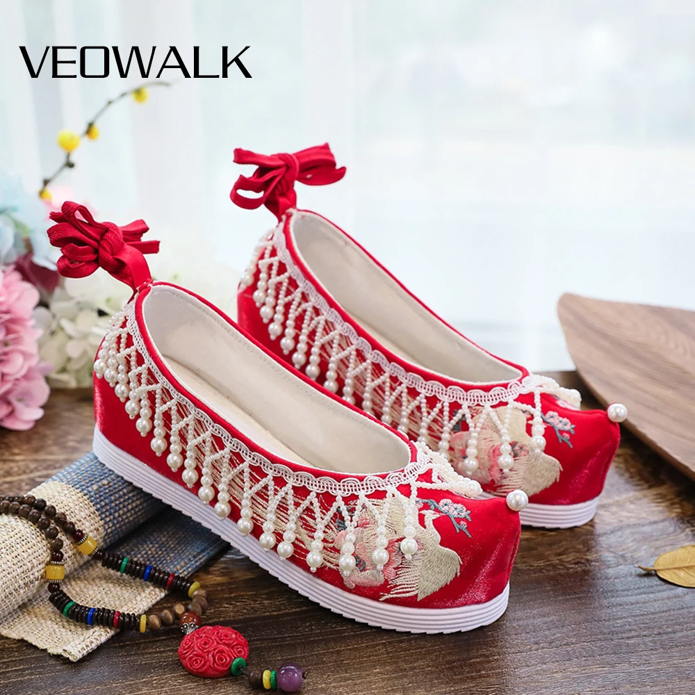 Veowalk Women Cotton Fabric Embroidered Flat Platforms with s Pendants Vintage C - £129.35 GBP