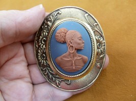 (CA20-76) RARE African American LADY blue + brown CAMEO oval brass Pin Pendant - £28.35 GBP
