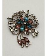 Quill 12K GF Gold-Filled Pink &amp; Blue Floral Rhinestone Brooch Pin Vintag... - $36.60