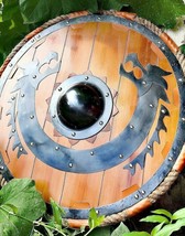 Viking Shield Medieval Warrior Wooden Dragon Face Round Shield Halloween - £93.61 GBP