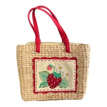 Vtg Straw Cornhusk Tote Bag – Red Strawberry Appliqué – Polka Dot Lining... - $467.04 MXN