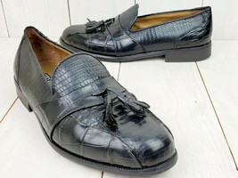 Stacy Adams Mens Snakeskin Loafers Size 7.5 Black Tassels Genuine Excellent - £28.29 GBP