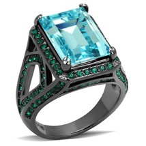 Emerald Cut Aqua CZ Cocktail Ring Black Plated Stainless Steel TK316 - £17.39 GBP