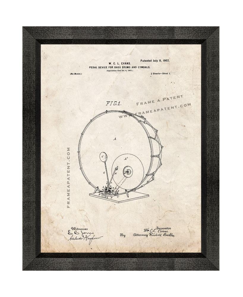 Primary image for Pedal Device for Bass-drums and Cymbals Patent Print Old Look with Beveled Wood 