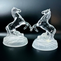 Cristal D&#39; Arques Crystal Clear Glass Rearing Horse Figurine Set 2 Frosted Base - £79.69 GBP