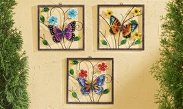 Butterfly Wall Plaques Set of 3 Hanging Colorful 12" square Metal Glass 3D image 2