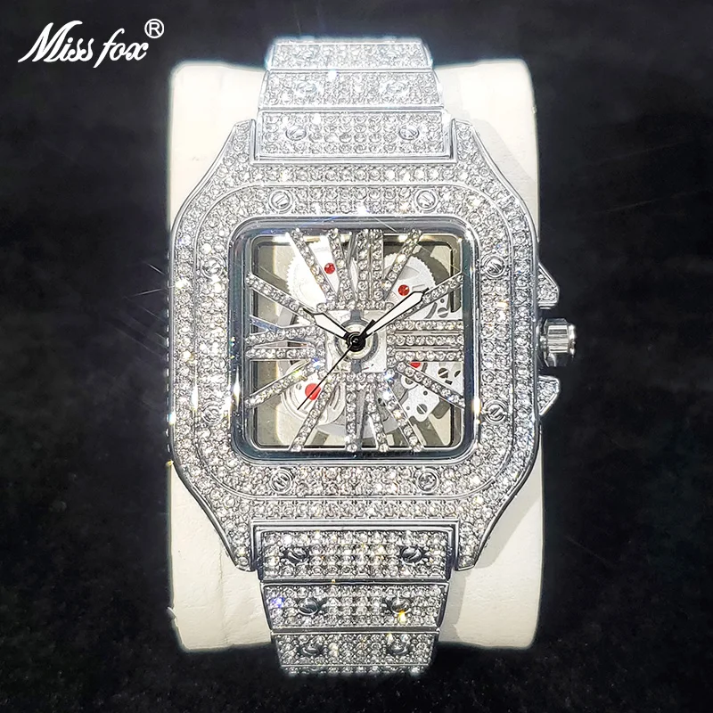 New Fashion Square Watch For Men Luxury Shiny Diamond Hollow Quartz Wris... - $76.94
