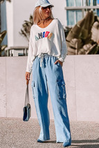 Sky Blue Drawstring High Waist Cargo Pocket Wide Leg Jeans - $26.69