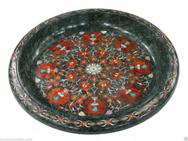 15&quot; Green Marble Fruit Bowl Carnelian Mosaic Marquetry Home Decor Thanks... - £1,200.78 GBP