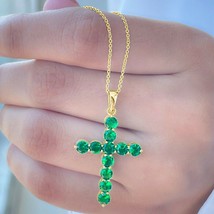 3 CT Round Simuated Emerald Cross Pendant Necklace 14K Yellow Gold Plated Silver - £66.48 GBP