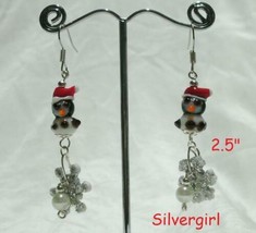 Glitter Snowflake Christmas Penguin Lampwork SP Pearl Earrings Sale! - £16.02 GBP