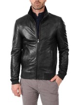 BLACK Men&#39;s Handmade Casual Bomber Biker Genuine Lambskin Leather Black Jacket - $107.30