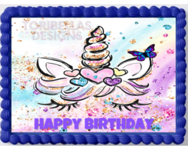 Unicorn &amp; Hearts Edible Image Edible Happy Birthday Cake Topper Sticker ... - $298.39 MXN+