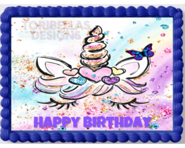 Unicorn &amp; Hearts Edible Image Edible Happy Birthday Cake Topper Sticker Decal - £11.33 GBP+