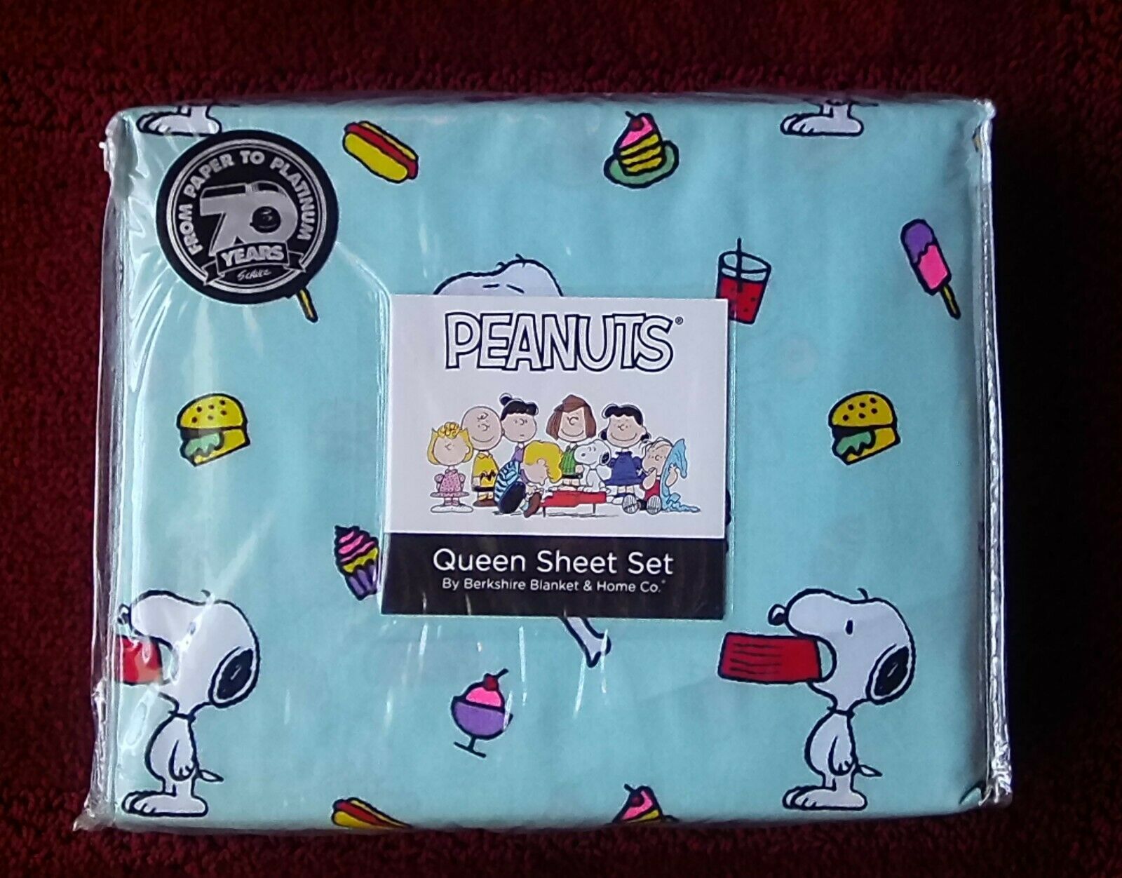 New Peanuts Snoopy Cartoons Queen Sheet Set Cyan Blue Junk Food Burger Ice Cream - $59.39