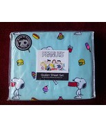 New Peanuts Snoopy Cartoons Queen Sheet Set Cyan Blue Junk Food Burger I... - £46.45 GBP