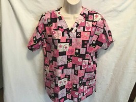 Scrub HQ Sz XS Breast Cancer TOp Shirt VNeck RN 93643 pink - £10.70 GBP