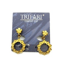 Vintage Trifari Floral Hoop Earrings, Comfort Clip Gold Tone Dangles NOS - £30.64 GBP