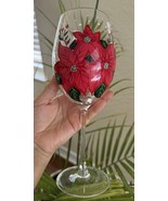 Pier 1 Red Poinsettia Stemmed wine glass, hand painted 9.5&quot; Wine Glass - $41.01 CAD