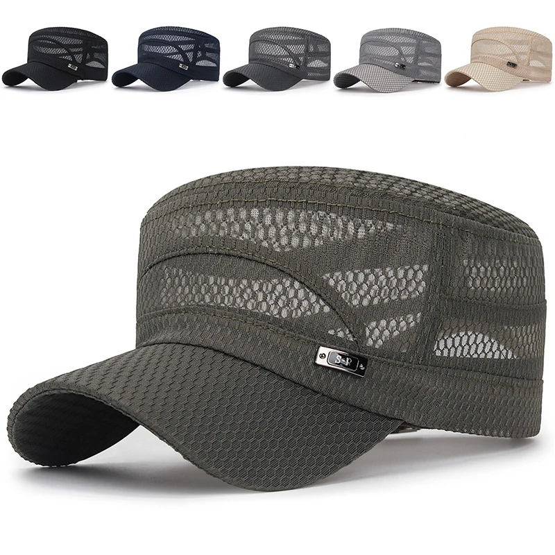 Adjustable Classic Mesh Flat Top Caps Vintage Army Military Cadet Style Hat - £6.35 GBP