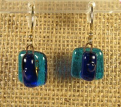 Earrings Pierced 1.5&quot; Two-Tone Blue Fused Art Glass White Metal Shepherd Hooks - £6.21 GBP