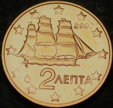 Greece 2 Euro Cents, 2007 Gem Unc~Corvette Sailing Ship - $3.07