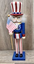 Uncle Sam Red White Blue Glitter July 4th American Flag Wood Nutcracker 15&quot; - £12.44 GBP