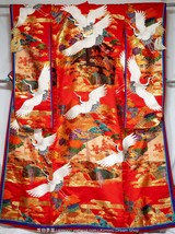 White Cranes Red Irouchikake - Gold Embroidery Kikkou, Shippou, Botan, Matsu, Ki - £499.59 GBP
