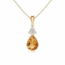 Claw-Set Citrine Drop Pendant with Trio Diamonds in 14K Yellow Gold (A, 8x6MM) - £324.68 GBP