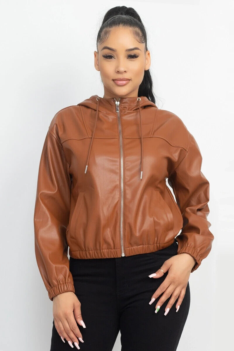 Primary image for Women's Brown Faux Leather Hoodie Jacket (M)