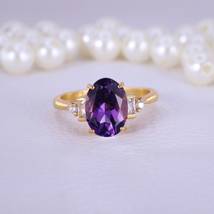 Elongated Oval Amethyst Diamond Ring, 18K Yellow Gold Engagement Jewelry - £53.78 GBP