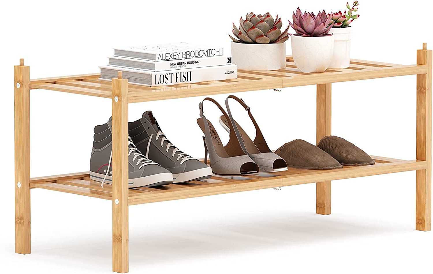 Dranixly Bamboo 2-Tier Shoe Rack Stackable Shoe Shelf Storage Organizer,... - $31.99