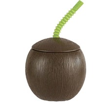 Pair (2) Coconut Shaped Cup With Straw 21oz Reusable Green Straw Brown Cup - £5.62 GBP