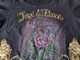 F.A.N.G. Womens Top Size 1X Love and Peace Tattoo Style Rose Bird Black ... - $18.53