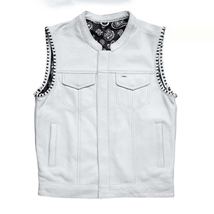 Men&#39;s White Leather Vest W/ Black Paisley Lining &amp; Thread Concealed Wais... - £55.88 GBP+