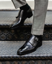 Handmade Men&#39;s Black Cowhide Leather Double Monk Chisel Toe Formal Dress Shoes - £100.96 GBP