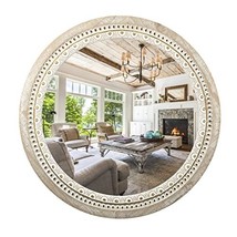 Distressed Wooden Frame Circle Mirror - Rustic Decor for Bedroom, Bathroom, or E - £94.87 GBP