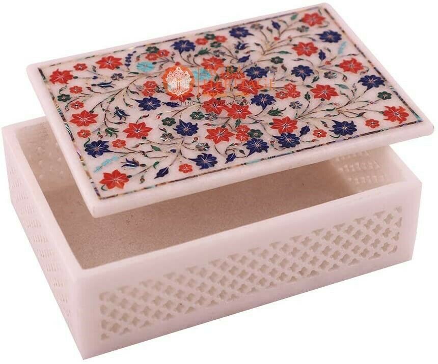 6"x4"x2" Marble White Jewelry Storage Box Lapis Marqutery Fine Floral Art Gifts Item image 3