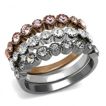 Tri-Tone Three Ring Set Pink Clear Grey Crystal Stainless Steel TK316 - £17.69 GBP