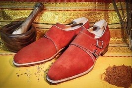 NEW Handmade Red color Double monk Party Shoes, Men designer red suede monk shoe - £113.87 GBP