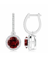 Lab-Grown Ruby Dangle Earrings with Diamond Halo in 14K Gold (Size-8mm, ... - £2,707.03 GBP
