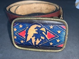 Vintage Leather and Brass Eagle &amp; Stars BELT BUCKLE  And Belt Made In USA￼ - £22.72 GBP