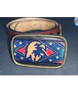 Vintage Leather and Brass Eagle &amp; Stars BELT BUCKLE  And Belt Made In USA￼ - £22.00 GBP