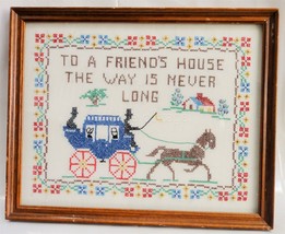 vintage CROSS STITCH SAMPLER To Friend&#39;s Home is Never Long horse carria... - £53.93 GBP